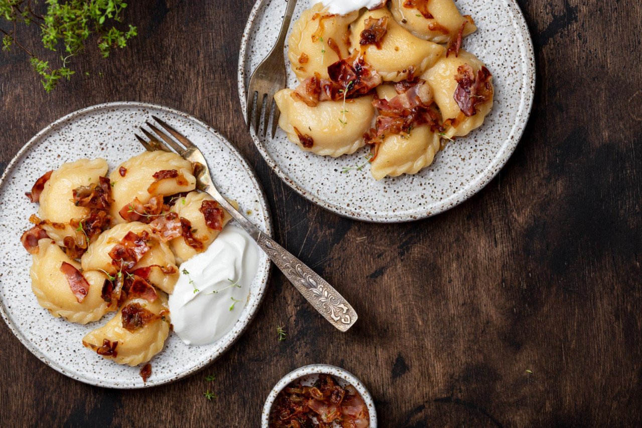 homemade dumplings with potatoes fried bacon onions