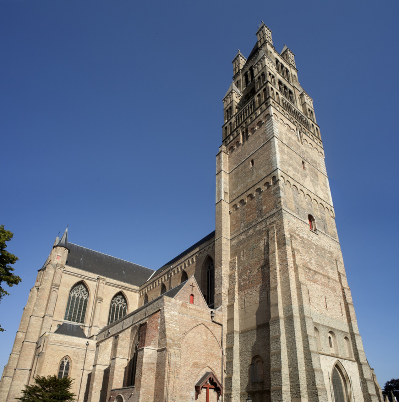 vista da lbasso della cattedrale di San Salvatore a Bruges con torre campanaria
