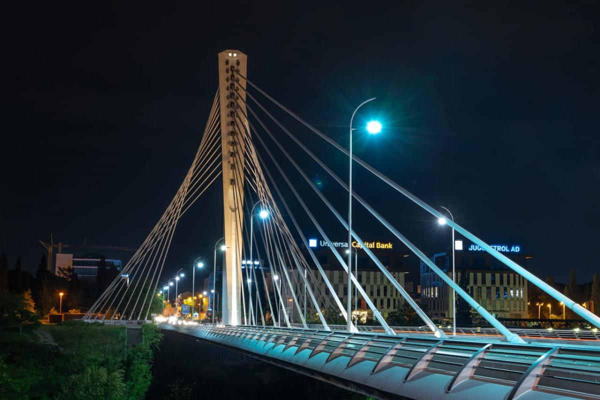 illuminated contemporary bridge at night city