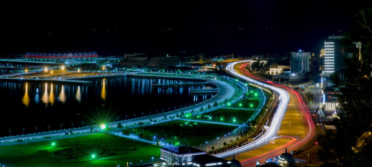 illuminated sea coast in baku at night