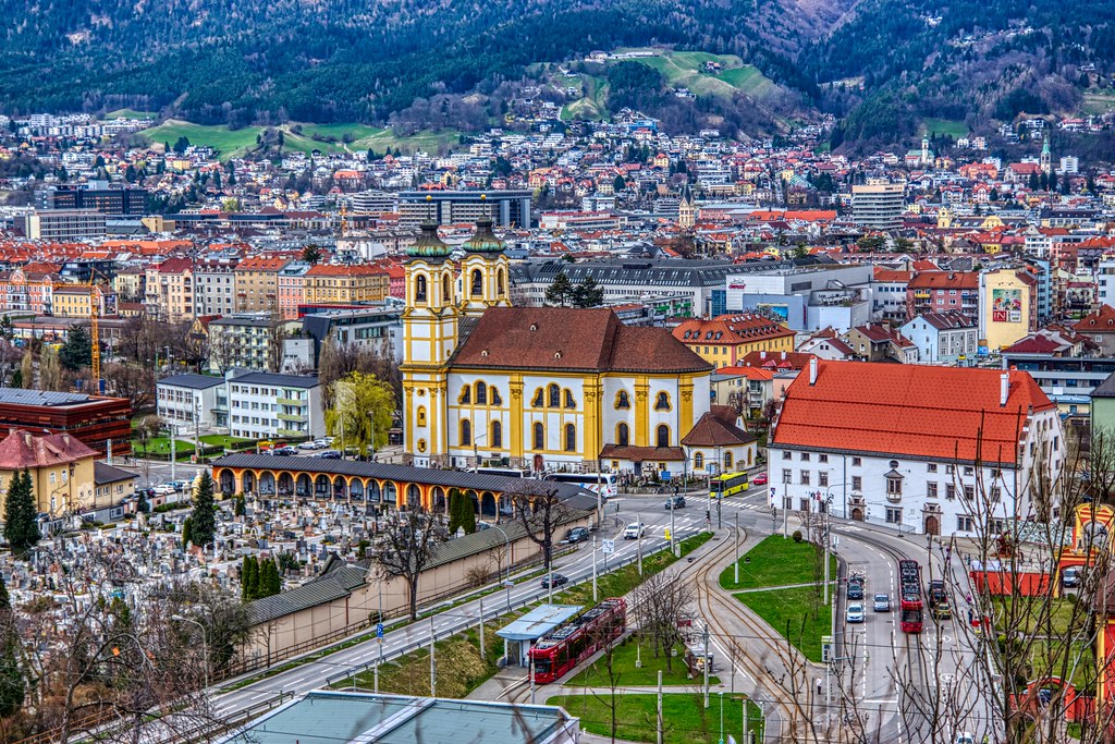 innsbruck with rococo church basilika wilten in tyrol austria