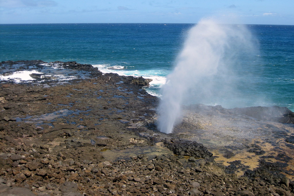 Geyser naturale d'acqua al Kiama Blowhole con spruzzi verso il cielo