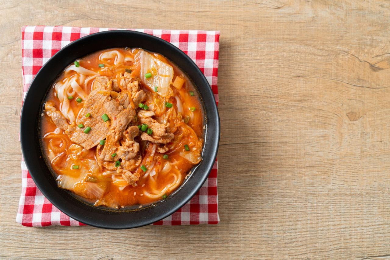 korean udon ramen noodles with pork kimchi soup asian food style