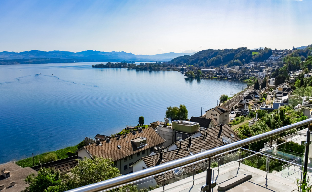 lake zurich wollerau canton schwyz switzerland zurichsee swiss mountains landscape blue water sky summer idyllic nature perfect travel destination ideal as scenic art print