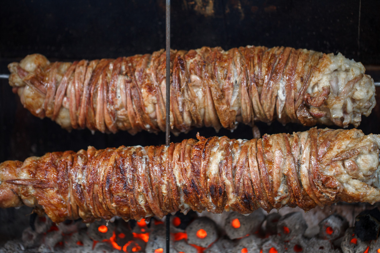 lamb intestines giblets spun spit fried turkish dish kokorech selective focus