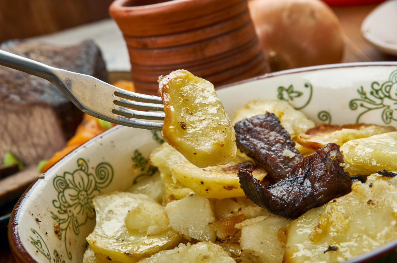 lancashire hot pot english cuisine famous meat potato combination britain traditional assorted dishes top view