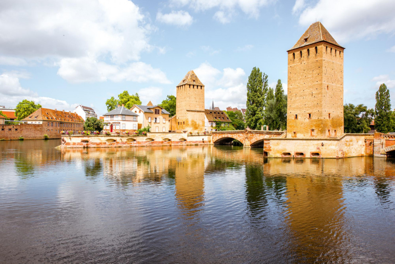 landscape view petite france region with beautiful ancient towers bridge strasbourg city france