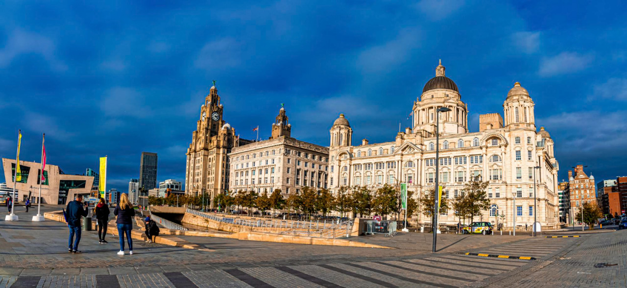 liverpool england september 30 2021 three graces part liverpool maritime mercantile city left is royal liver building centre is cunard building
