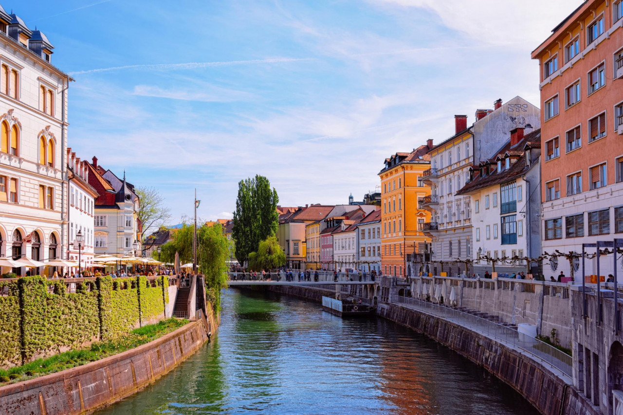 ljubljana slovenia april 27 2018 riverfront ljubljanica river historical center ljubljana slovenia