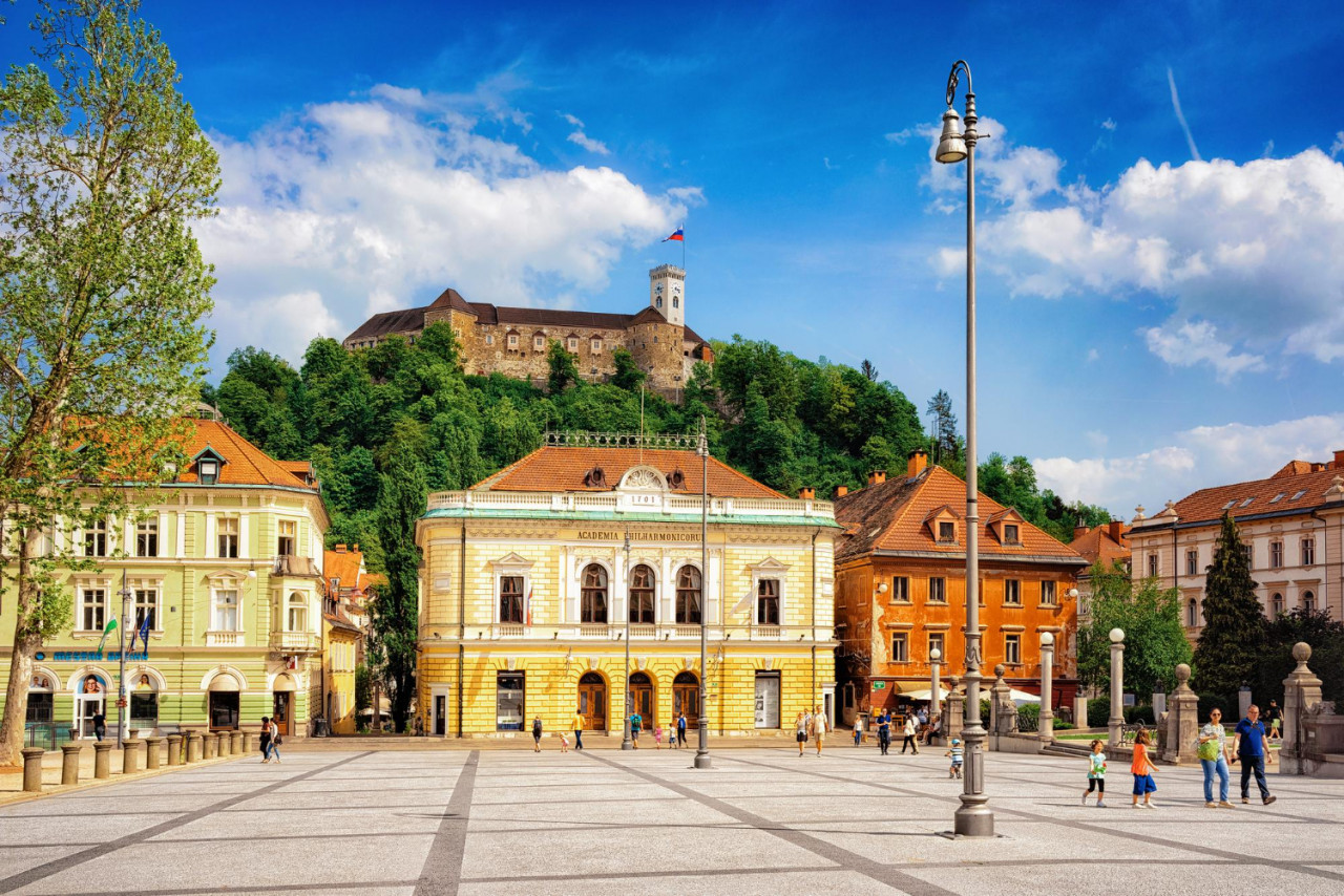 ljubljana slovenia april 28 2018 academia philarmonic congress square old castle castle hill historical center ljubljana slovenia