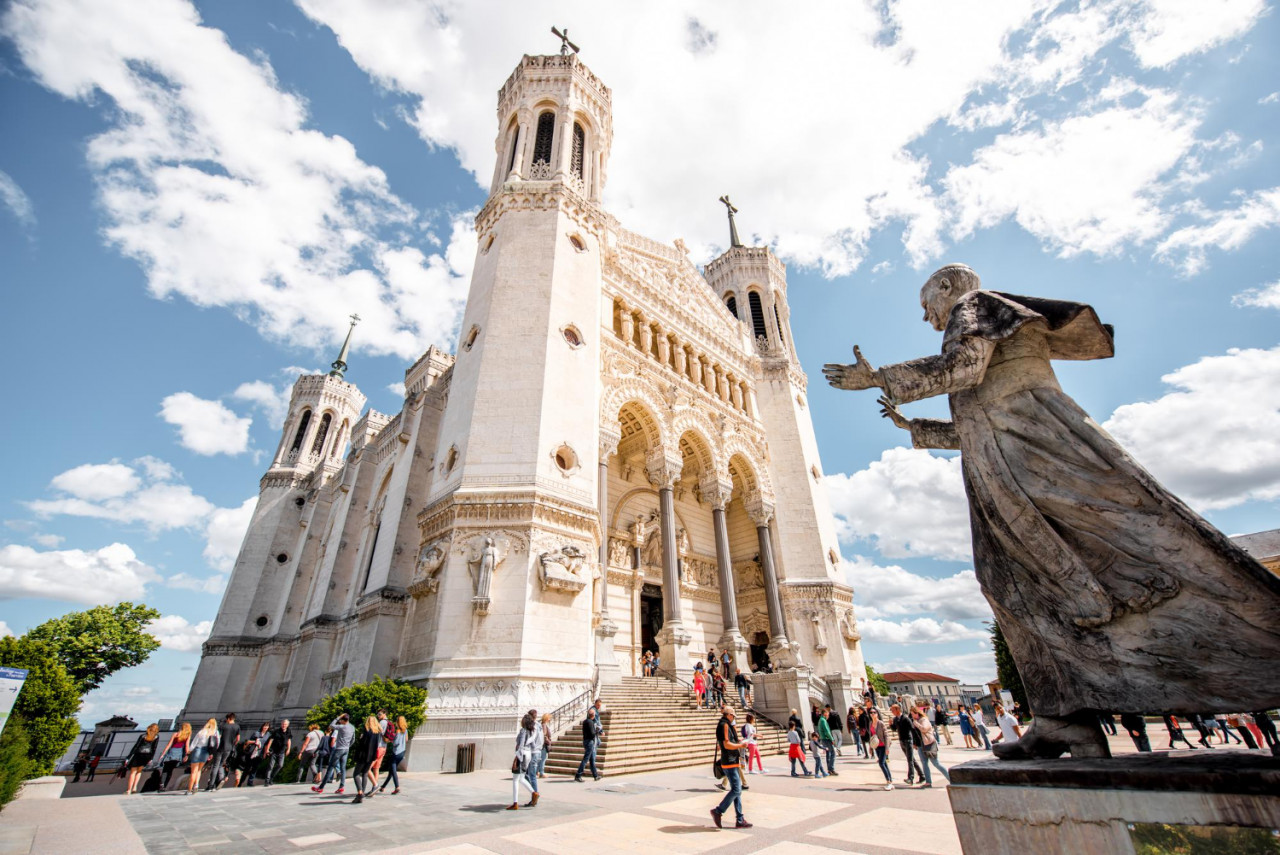 lyon france may 20 2017 view from famous notre dame cathedral with statue pope john paul ii lyon france