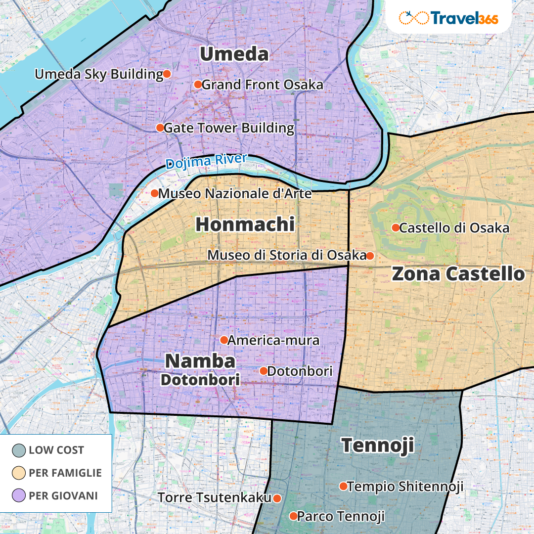 mappa dove dormire osaka