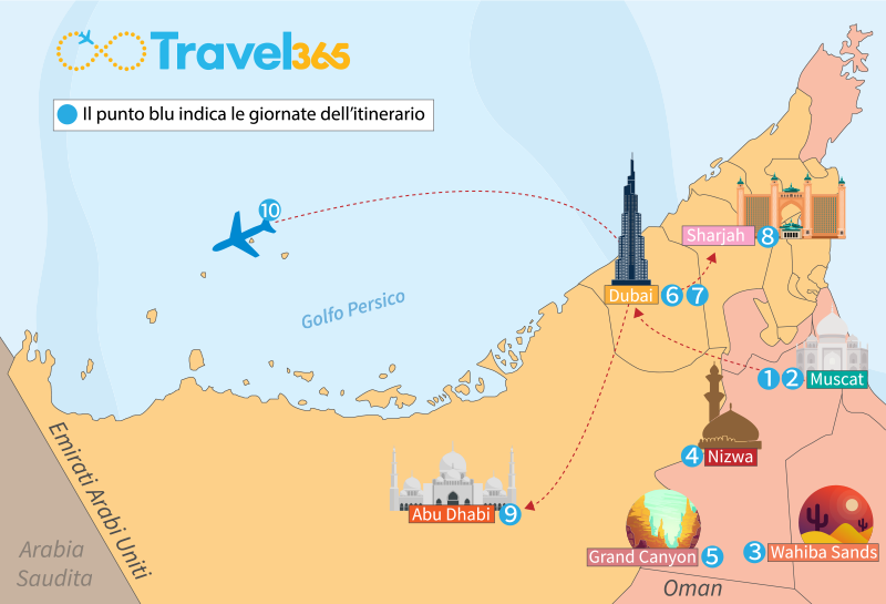 mappa emirati arabi oman itinerario 10 giorni