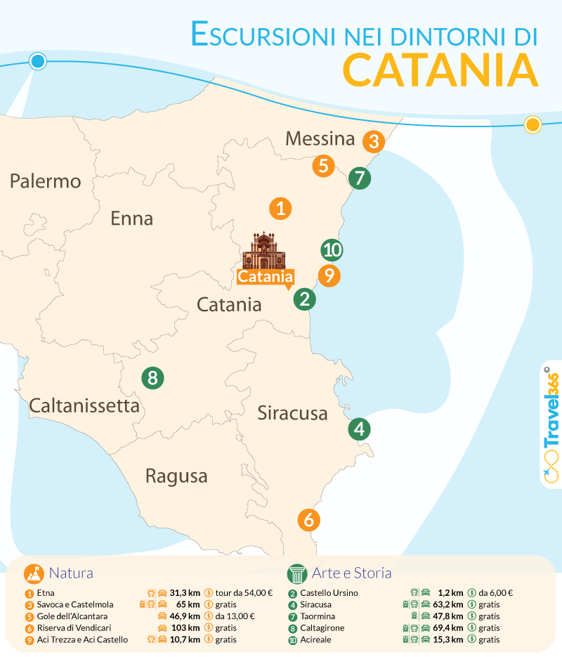 Cosa vedere nei dintorni di Catania - mappa delle escursioni