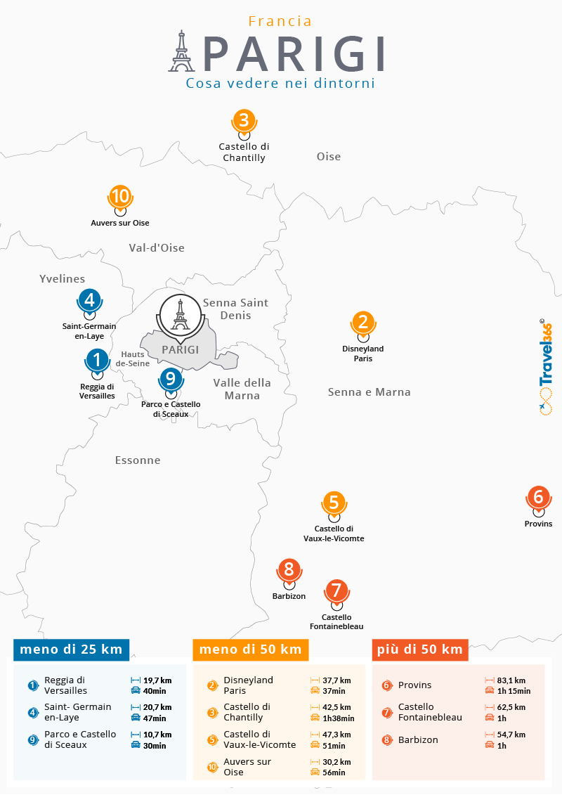 Cosa vedere nei dintorni di Parigi - mappa delle escursioni