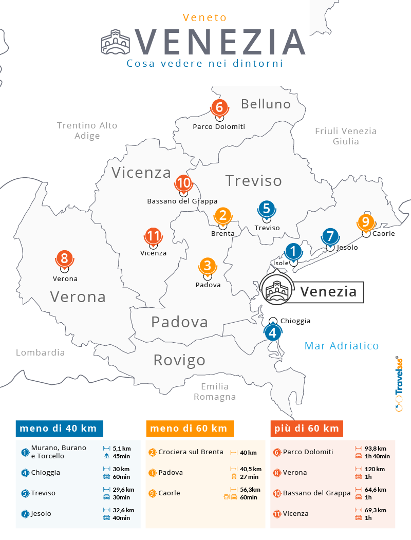 Cosa vedere nei dintorni di Venezia - mappa delle escursioni