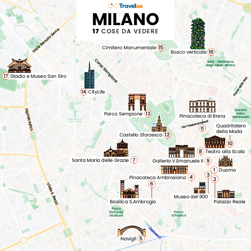 mappa principali attrazioni e monumenti di milano