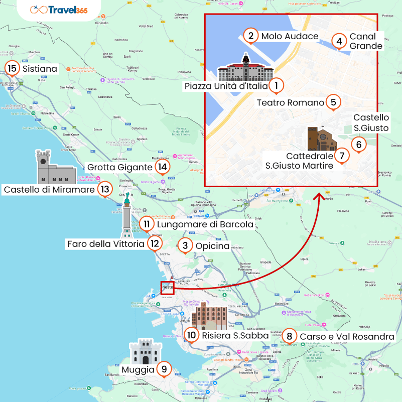 mappa principali attrazioni e monumenti di trieste 1