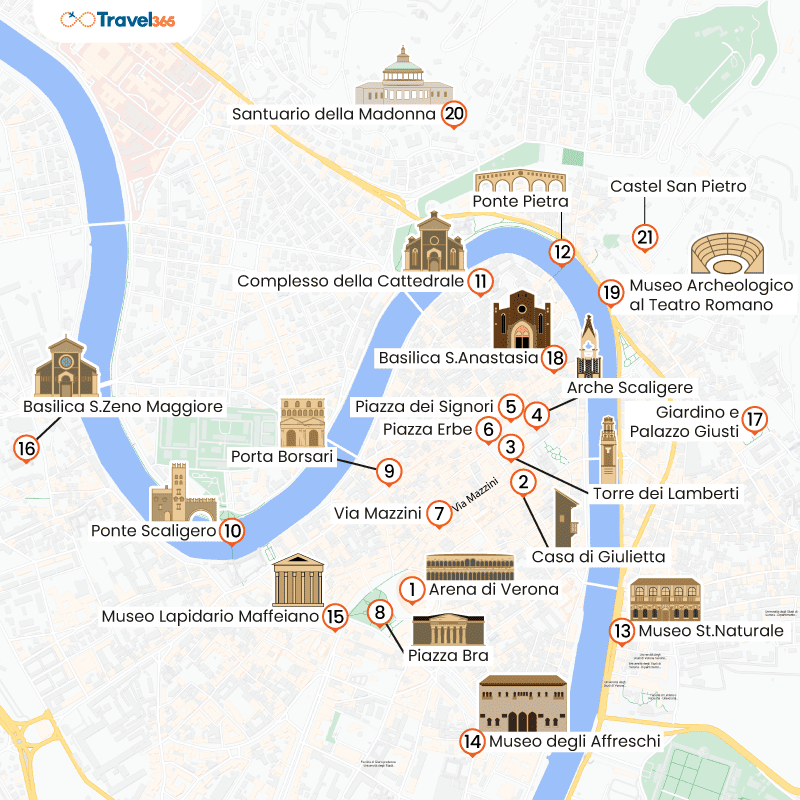 mappa principali attrazioni e monumenti di verona 1