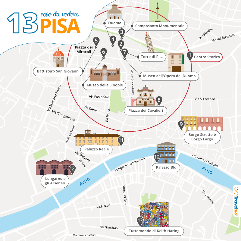 mappa principali attrazioni e monumenti pisa