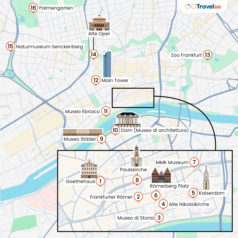 mappa principali attrazioni francoforte