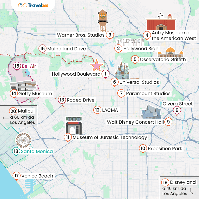 mappa principali attrazioni los angeles