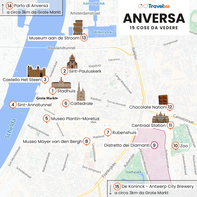 mappa principali attrazioni monumenti anversa