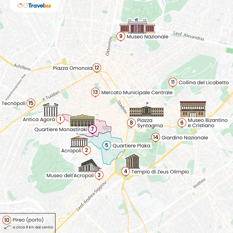 mappa principali attrazioni monumenti atene