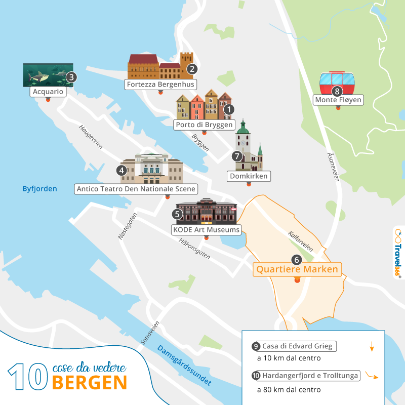 mappa principali attrazioni monumenti bergen