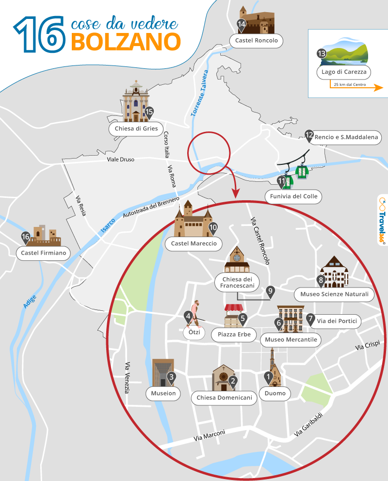 mappa principali attrazioni monumenti bolzano