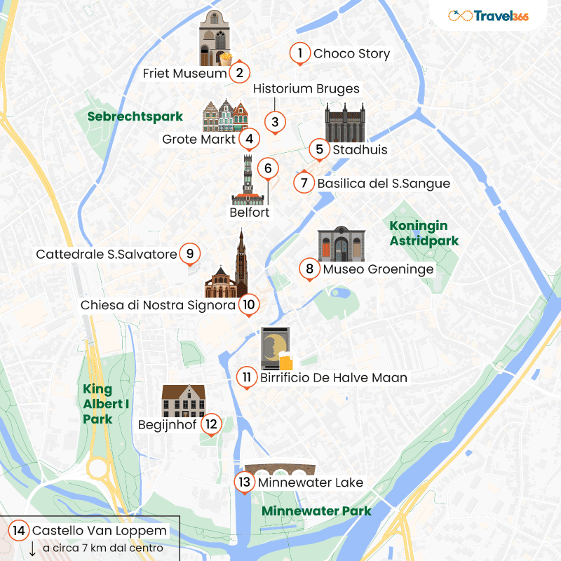 mappa principali attrazioni monumenti bruges