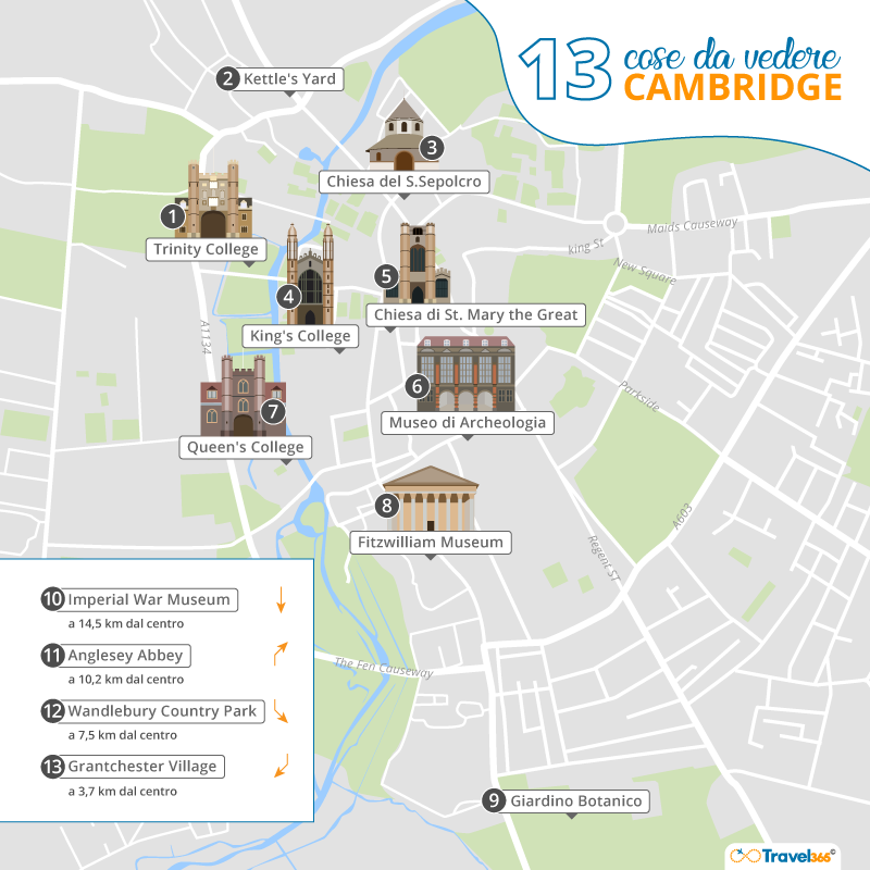 mappa principali attrazioni monumenti cambridge