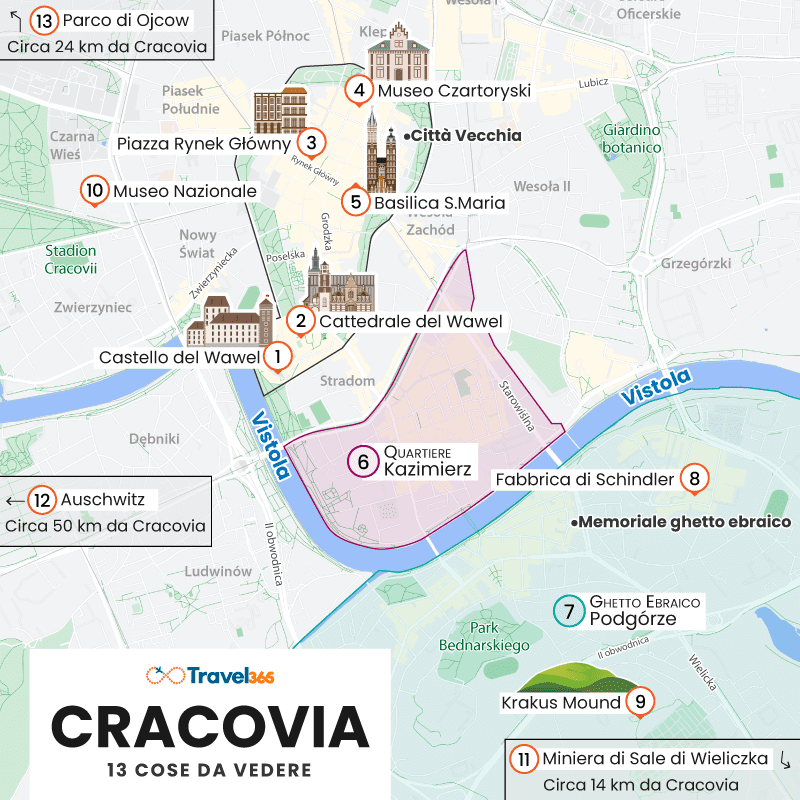 mappa principali attrazioni monumenti cracovia