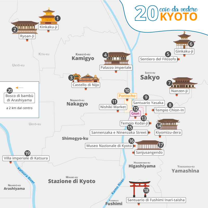 mappa principali attrazioni monumenti kyoto