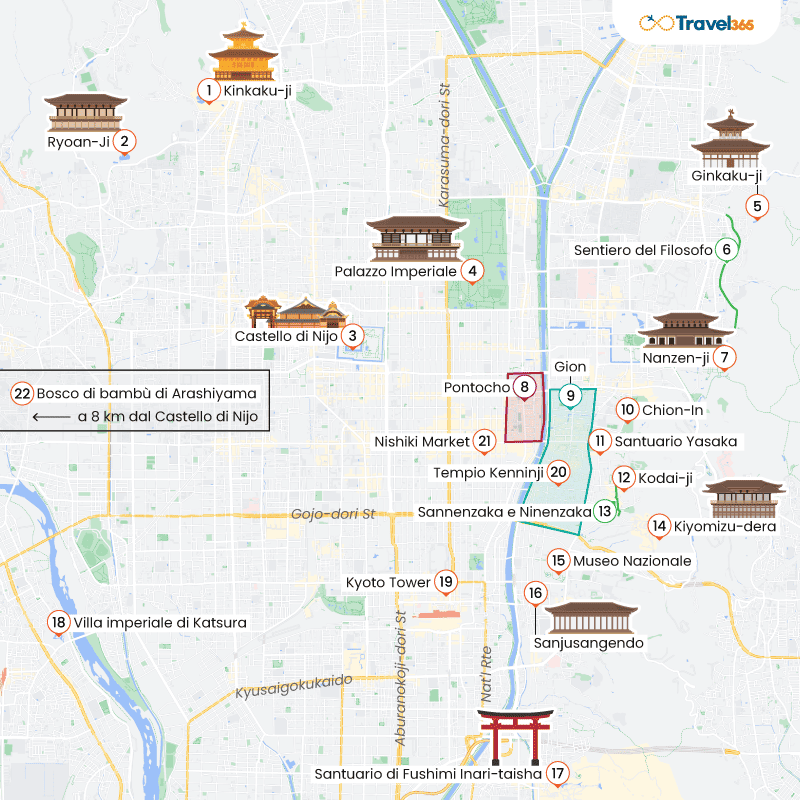 mappa principali attrazioni monumenti kyoto