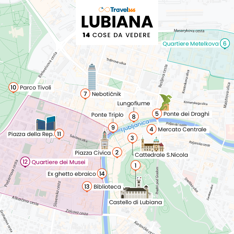 mappa principali attrazioni monumenti lubiana
