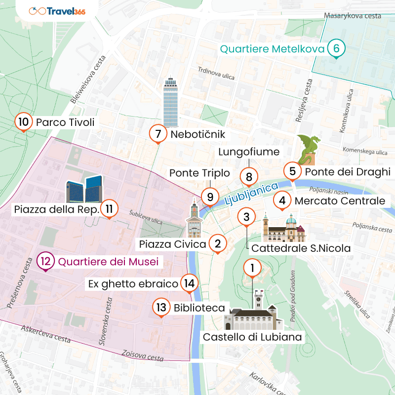 mappa principali attrazioni monumenti lubiana