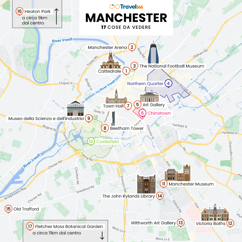 mappa principali attrazioni monumenti manchester