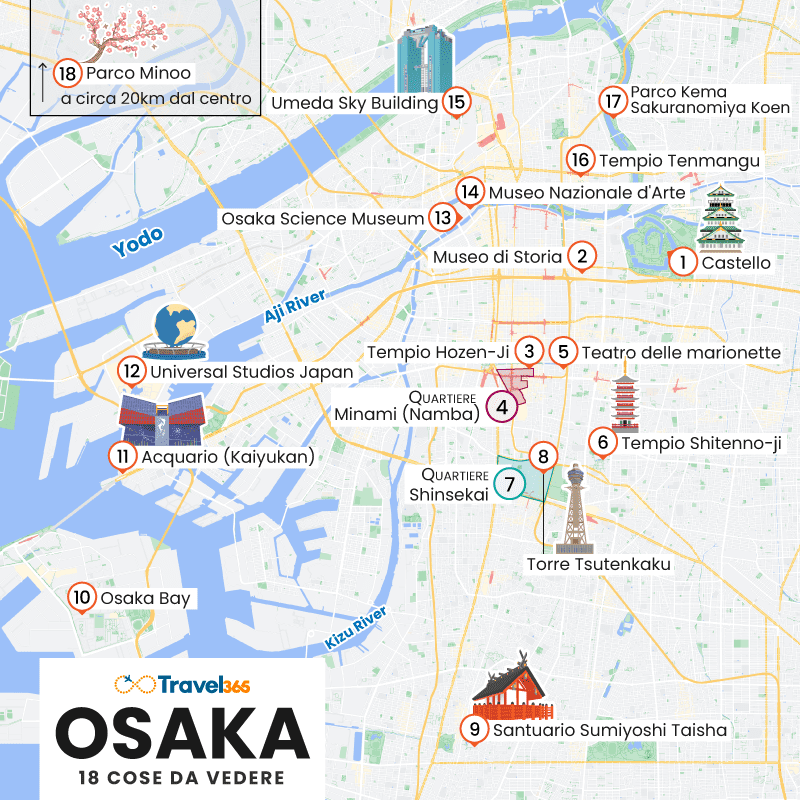 mappa principali attrazioni monumenti osaka