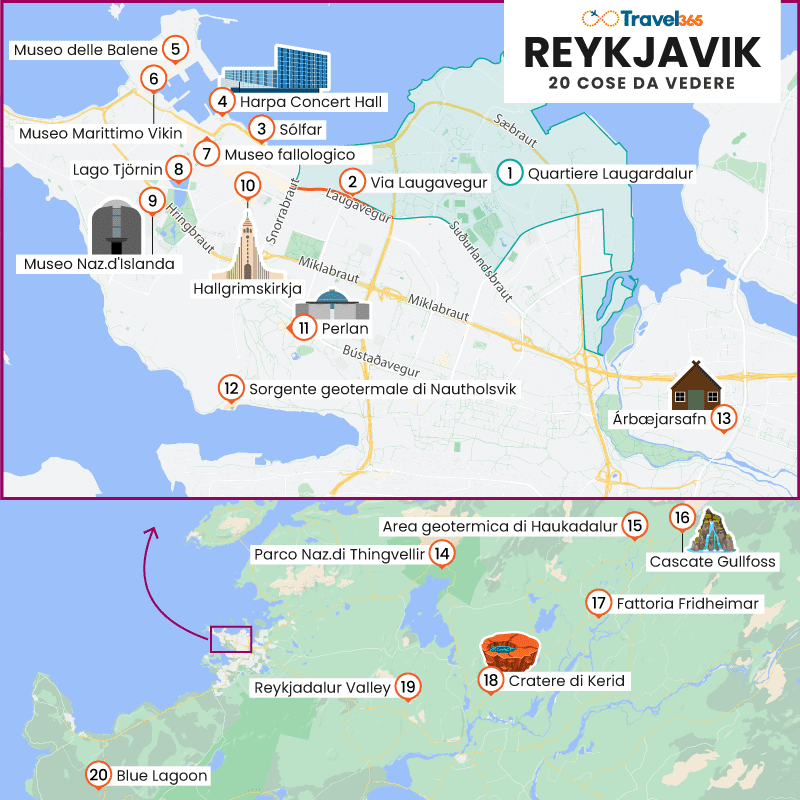 mappa principali attrazioni monumenti reykjavik