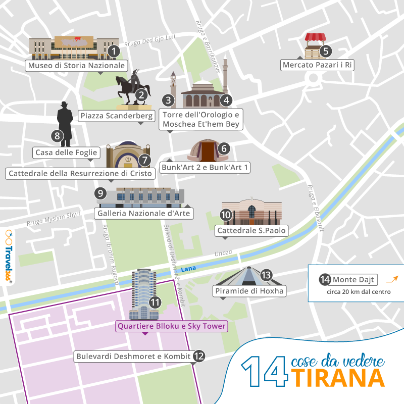 mappa principali attrazioni monumenti tirana