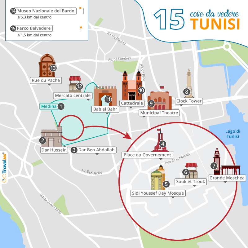 mappa principali attrazioni monumenti tunisi