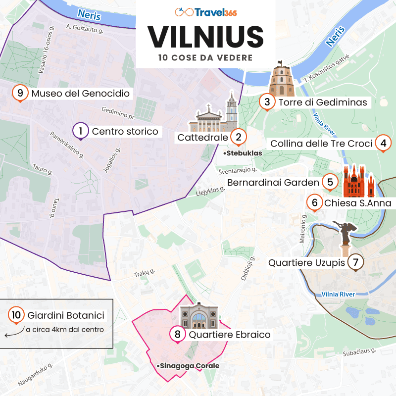 mappa principali attrazioni monumenti vilnius