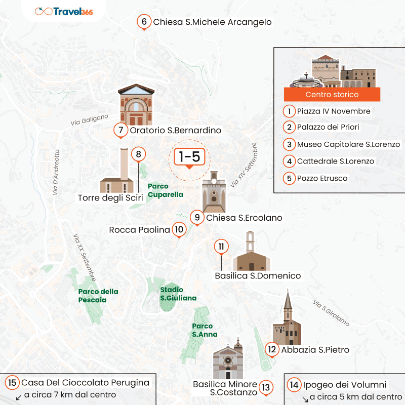 mappa principali attrazioni perugia