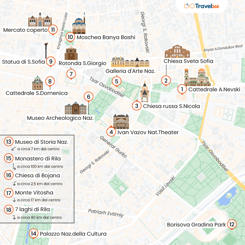 mappa principali attrazioni sofia