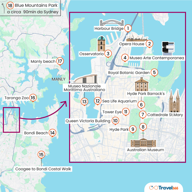 mappa principali attrazioni sydney