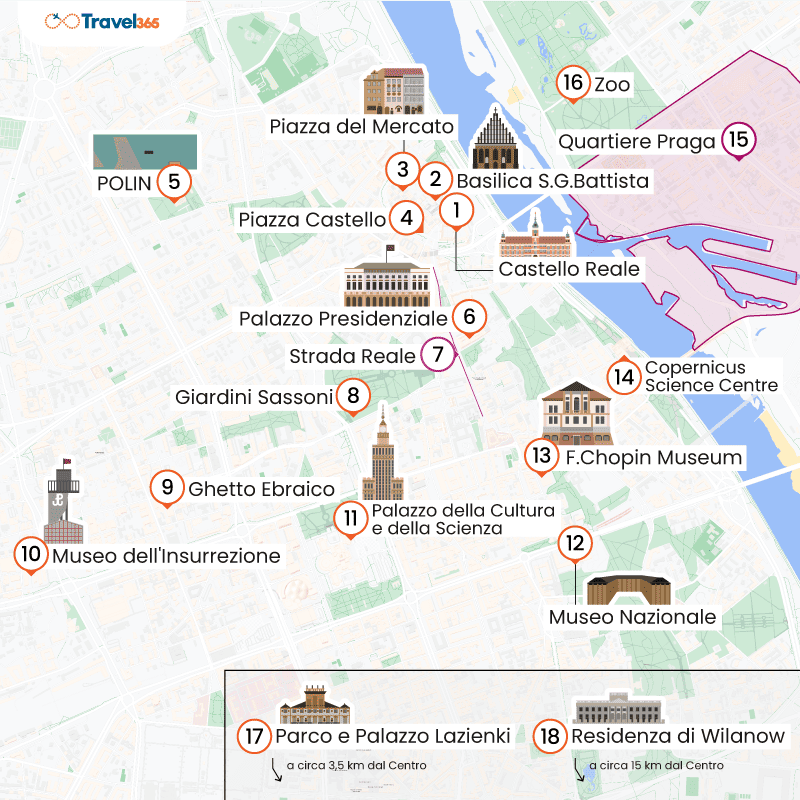 mappa principali attrazioni varsavia