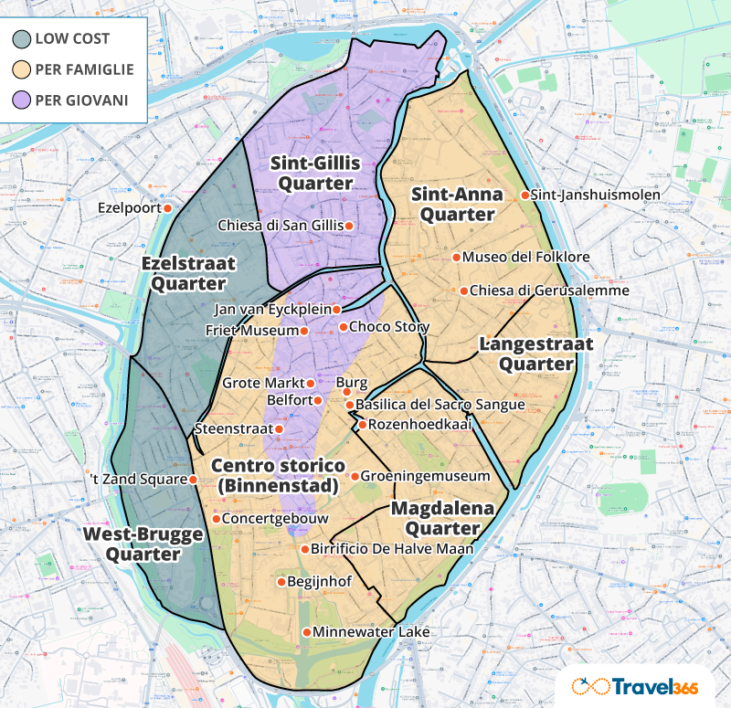 mappa zone migliori dove dormire bruges