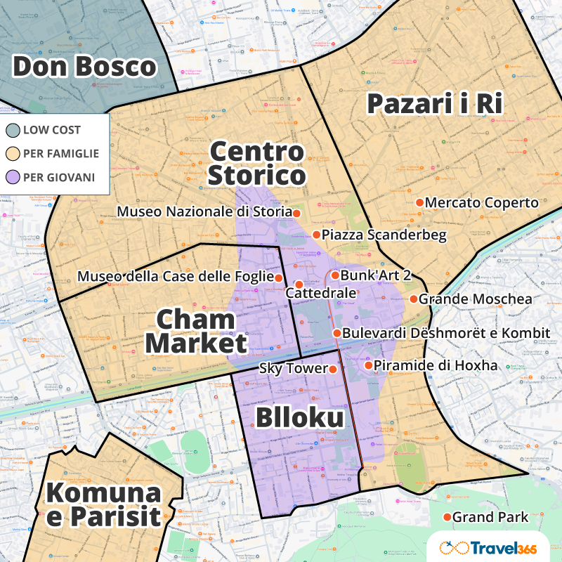 mappa zone migliori dove dormire tirana