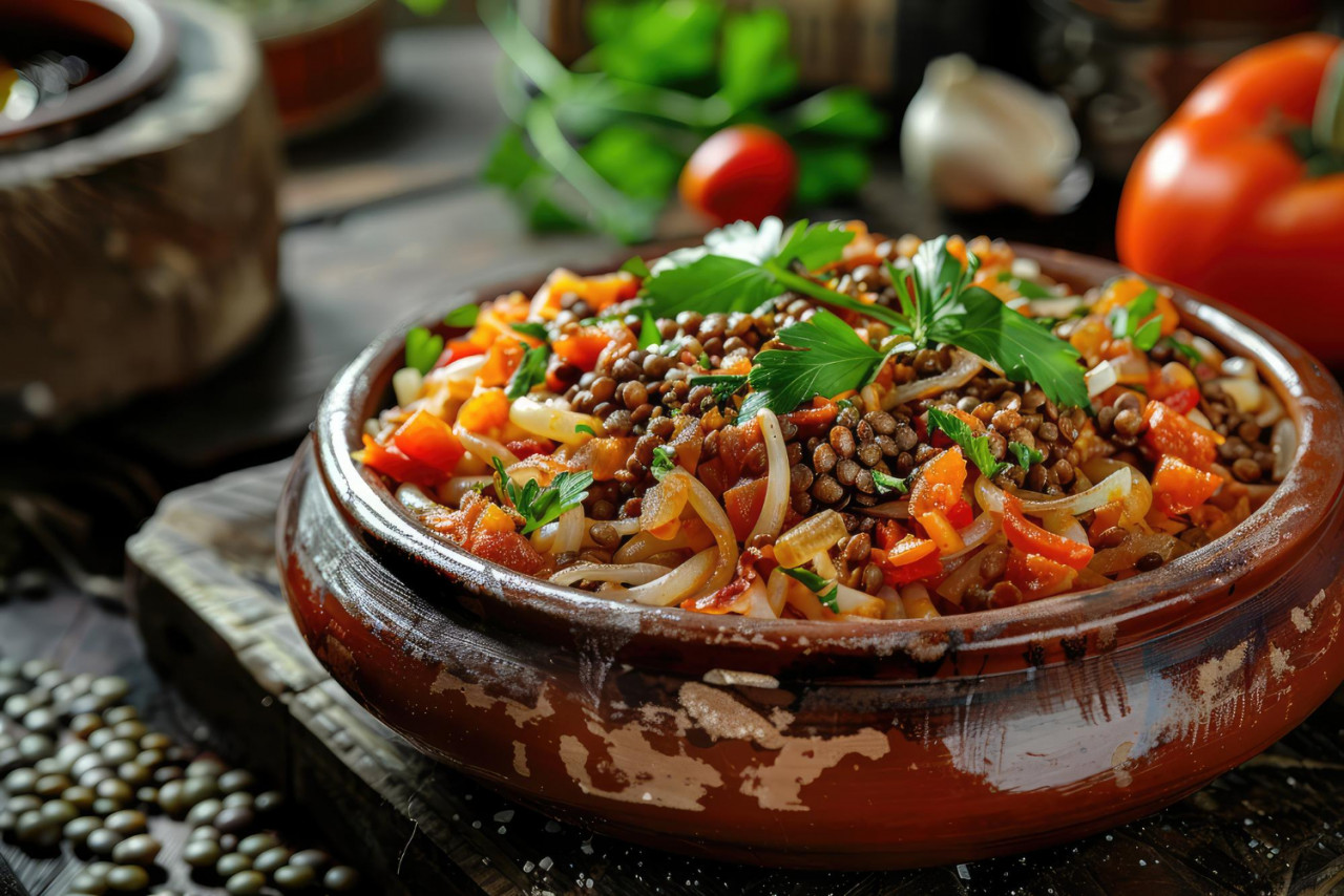 mezcla tradicional egipcia de koshari de arroz pasta lentejas y cebollas fritas